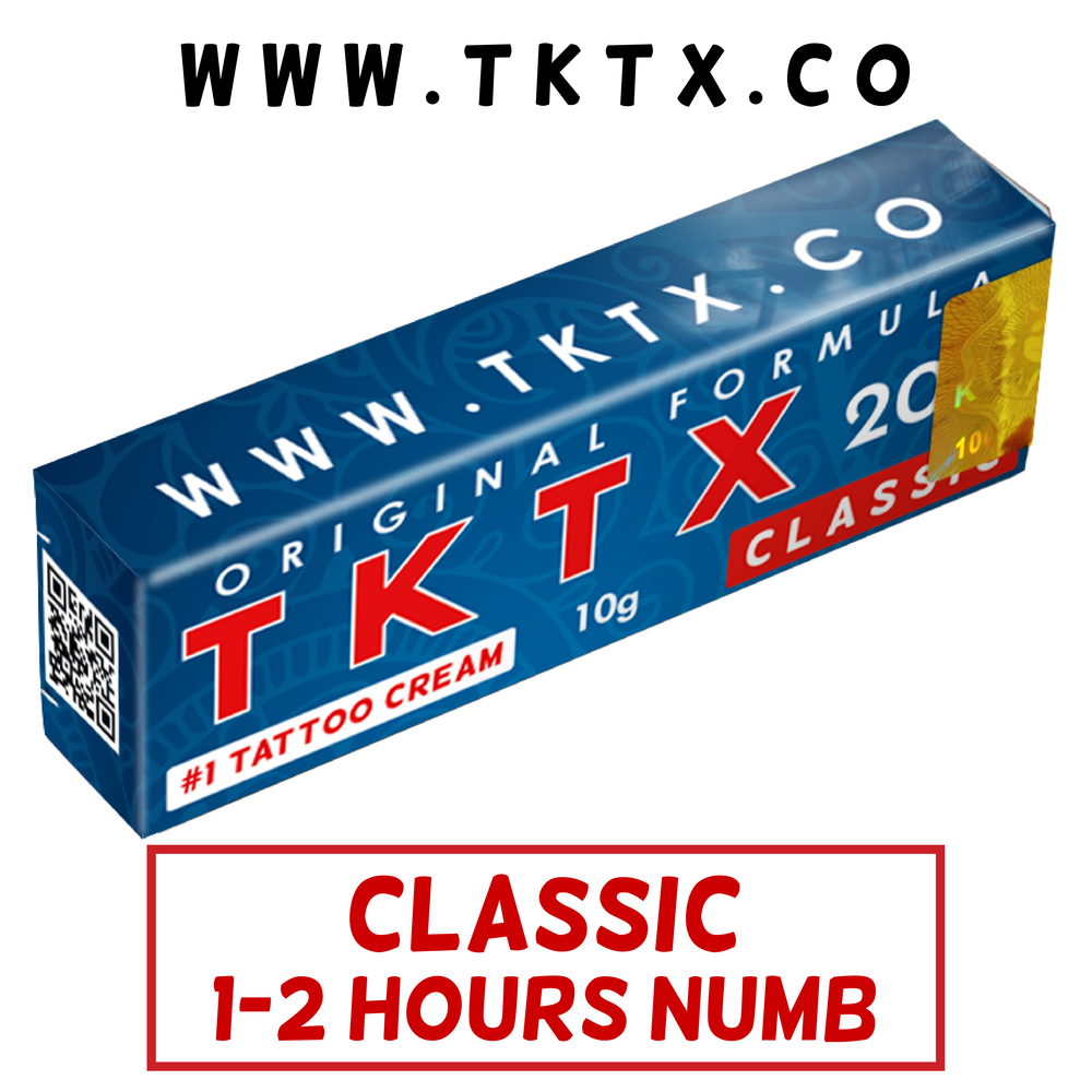 
                      
                        TKTX Classic Numbing Tattoo Cream 10g packaging for 1-2 hours pain relief with product website URL.
                      
                    