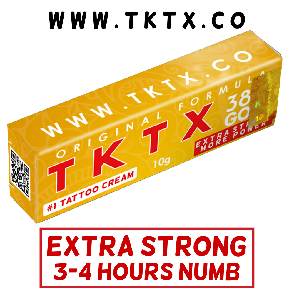 
                      
                        TKTX numbing tattoo cream box in gold packaging, labeled "Extra Strong 3-4 Hours Numb" with website URL.
                      
                    