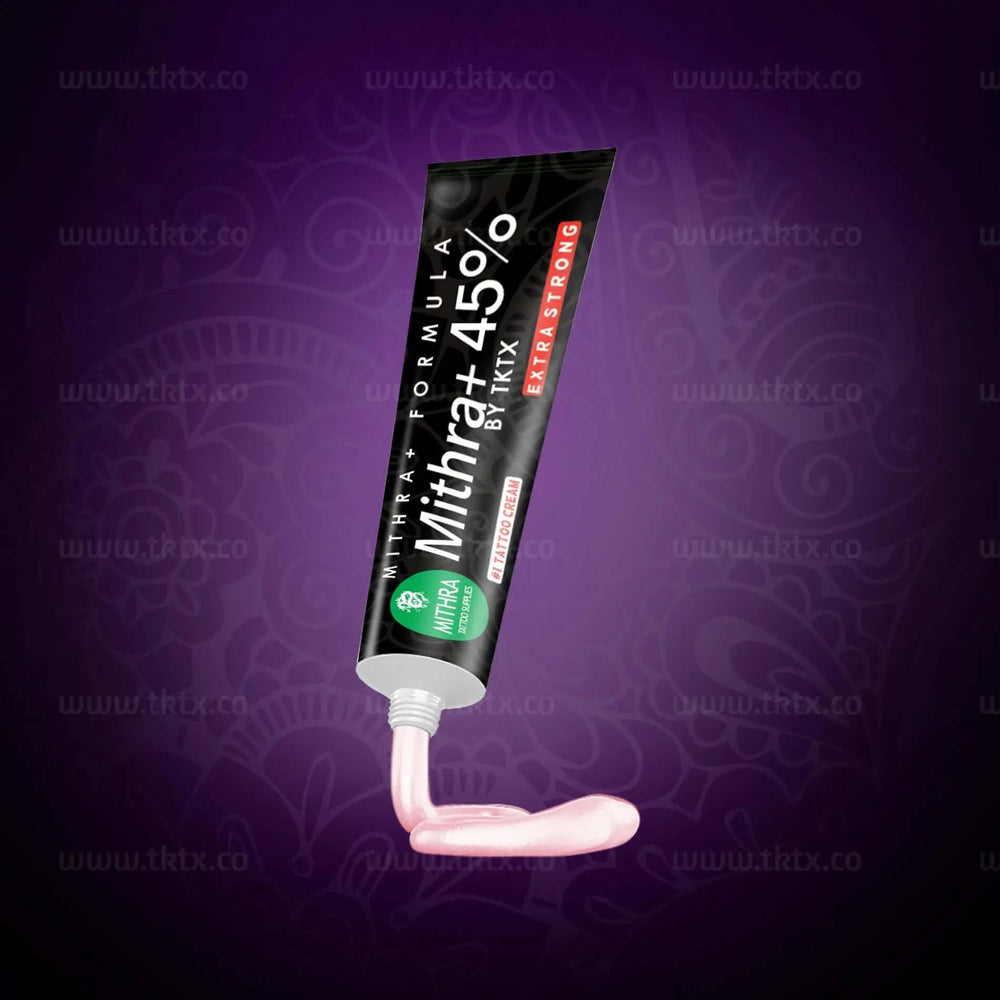 
                      
                        TKTX Mithra 45% Extra Strong Numbing Tattoo Cream in purple packaging for pain-free tattoos and procedures
                      
                    